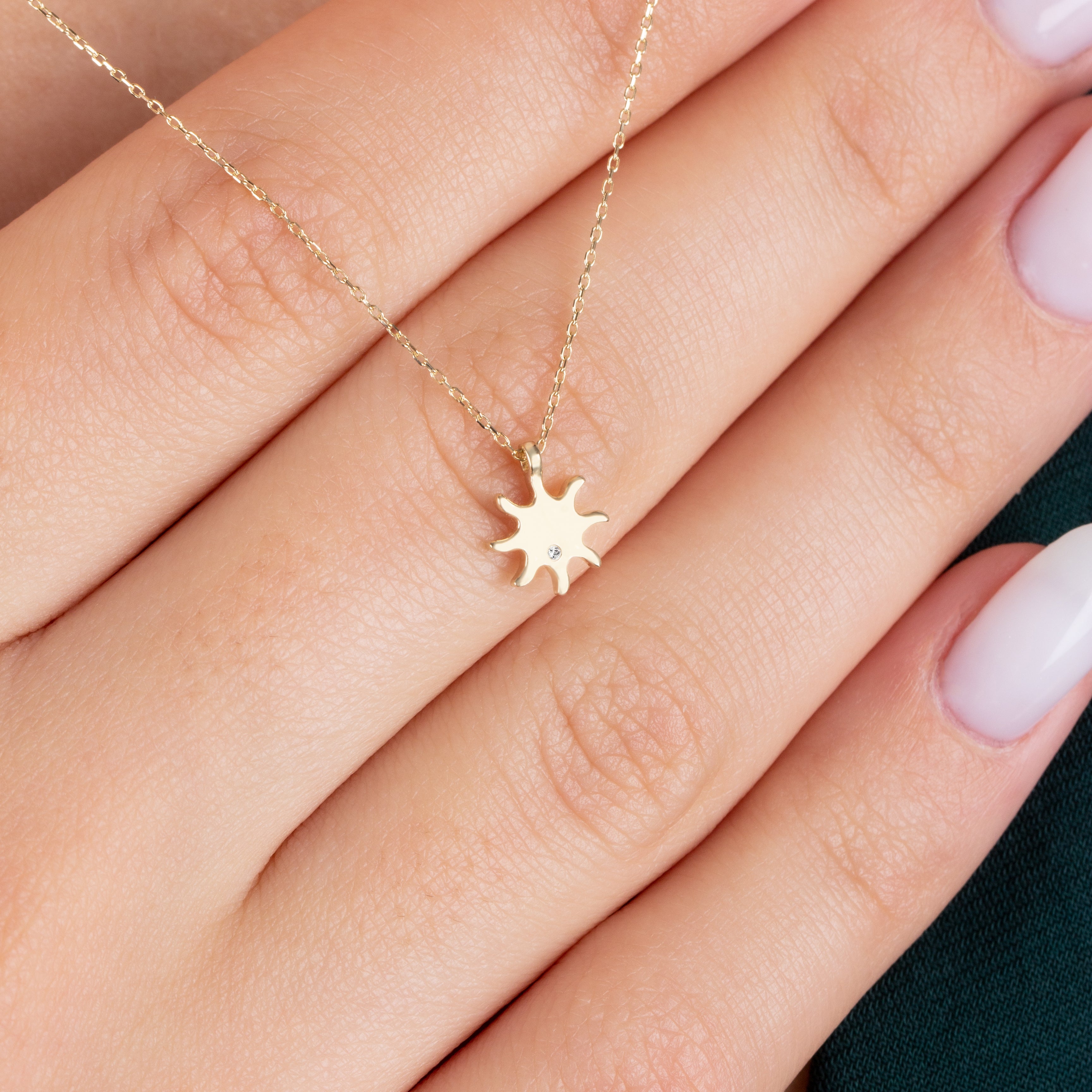 Sun Necklace with Real Diamond | 14K Solid Gold Pendant Queen Jewelry Necklace