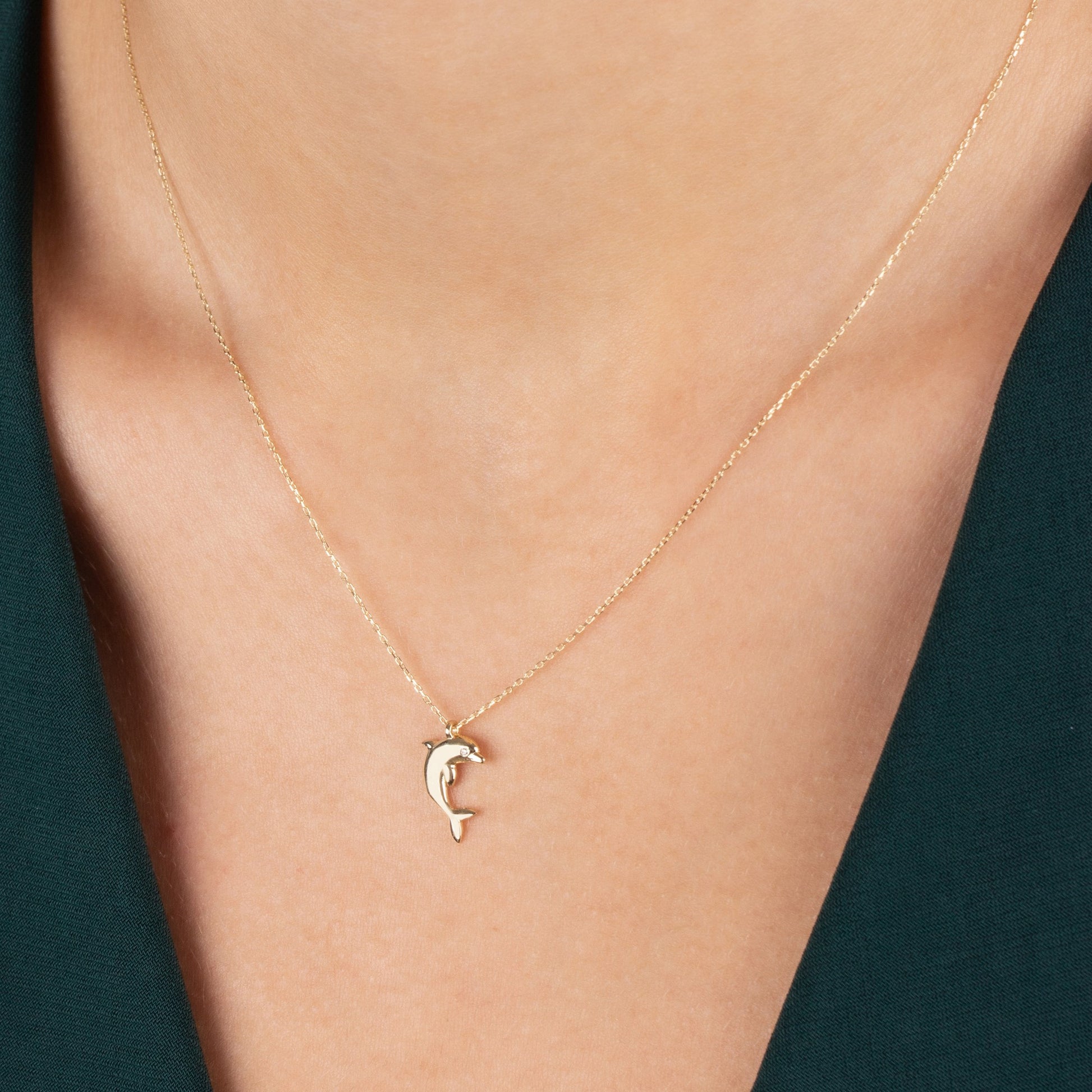Dolphin Necklace with Real Diamond | 14K Solid Gold Queen Jewelry Necklace