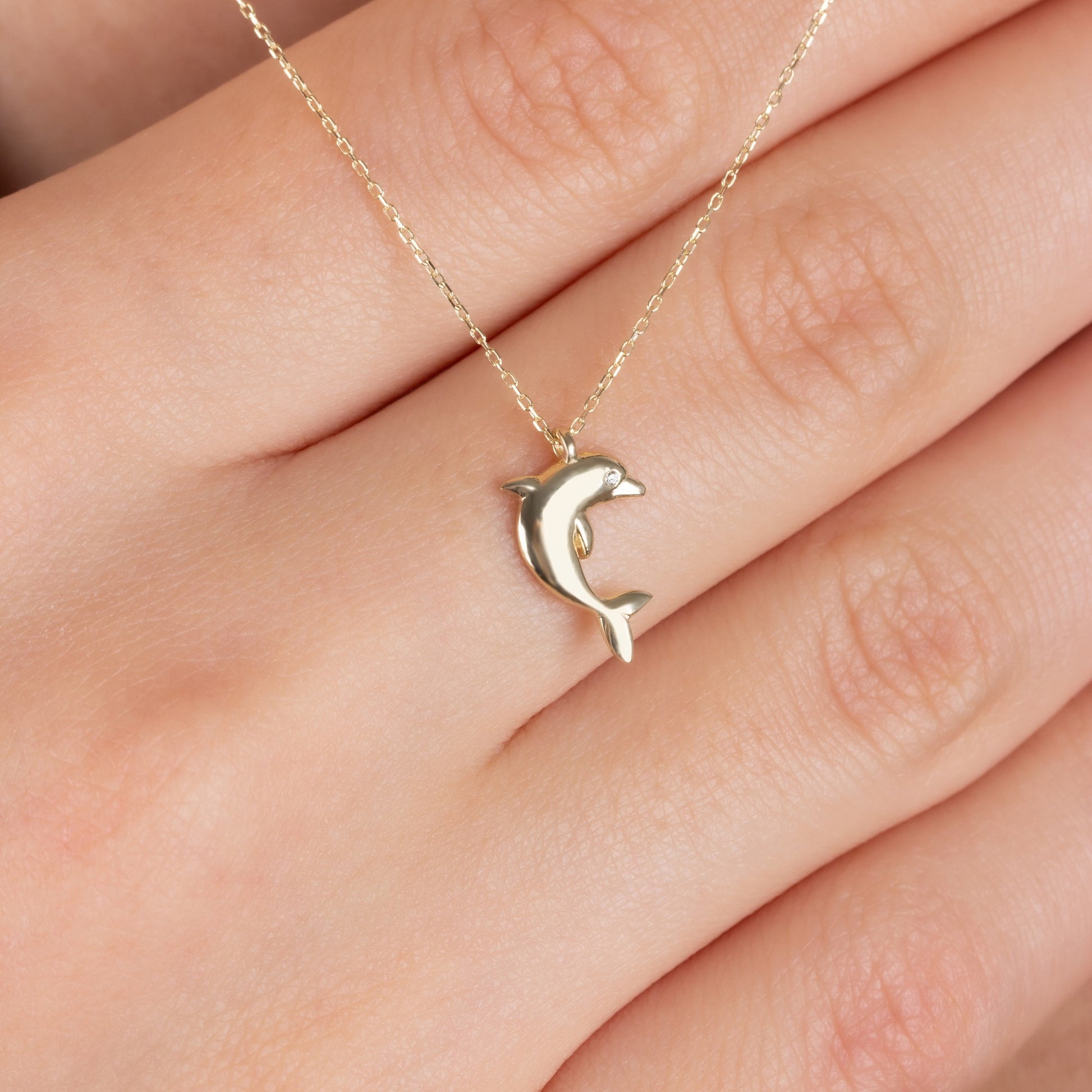Dolphin Necklace with Real Diamond | 14K Solid Gold Queen Jewelry Necklace