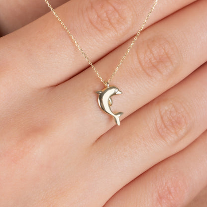 Dolphin Necklace with Real Diamond | 14K Solid Gold Queen Jewelry Necklace