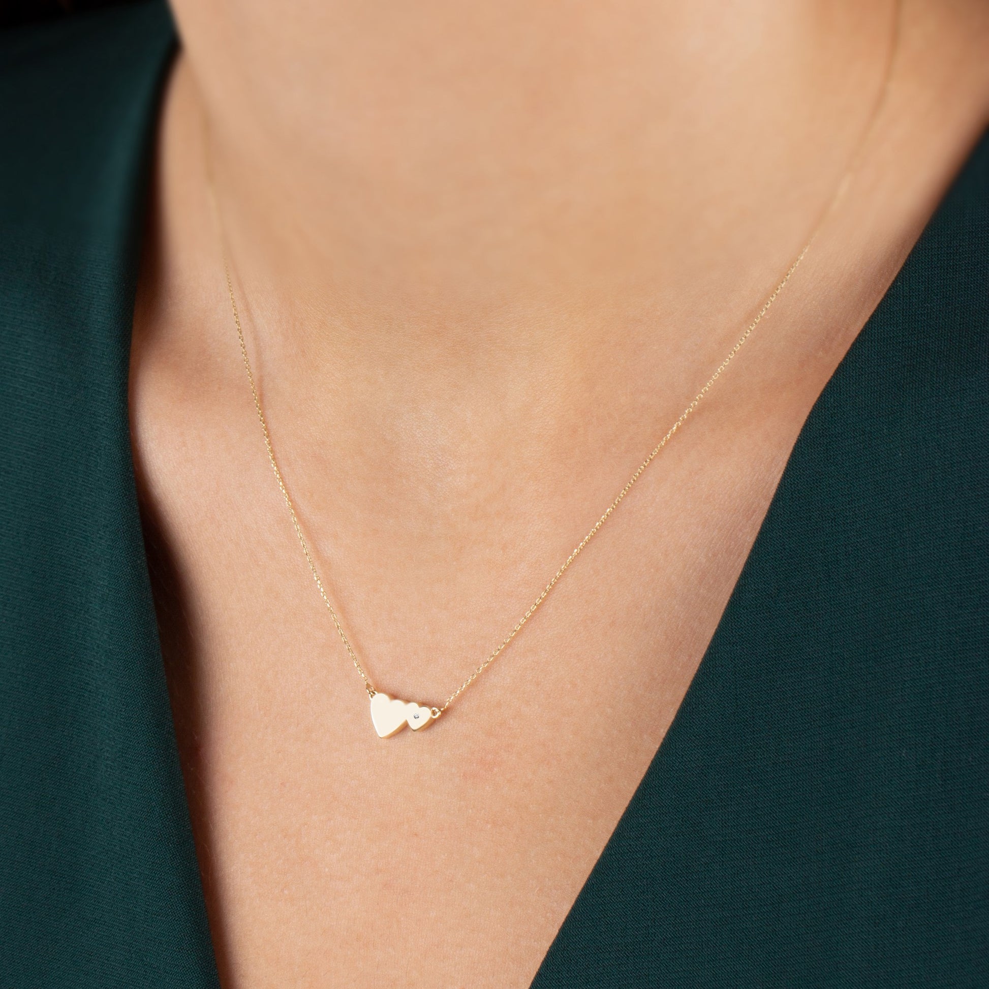 Double Heart Necklace with Real Diamond | 14K Solid Gold Queen Jewelry Necklace