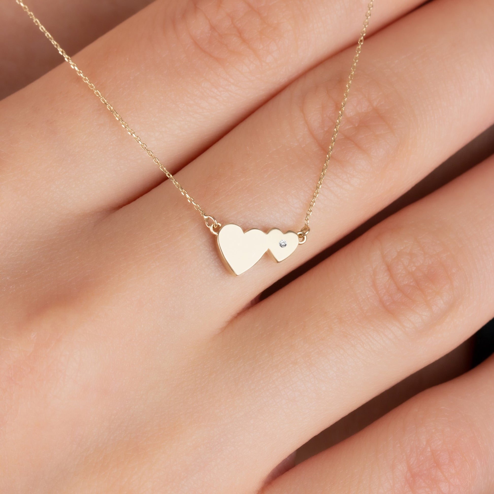 Double Heart Necklace with Real Diamond | 14K Solid Gold Queen Jewelry Necklace
