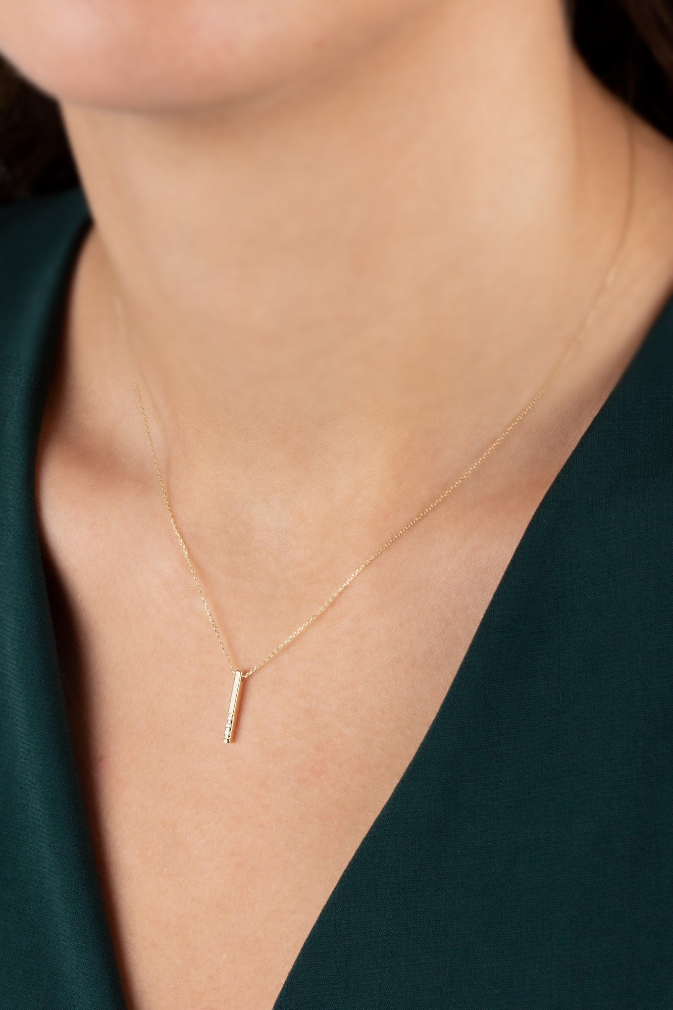 Vertical Bar Necklace with Real Diamonds | 14K Solid Gold Pendant Queen Jewelry Necklace