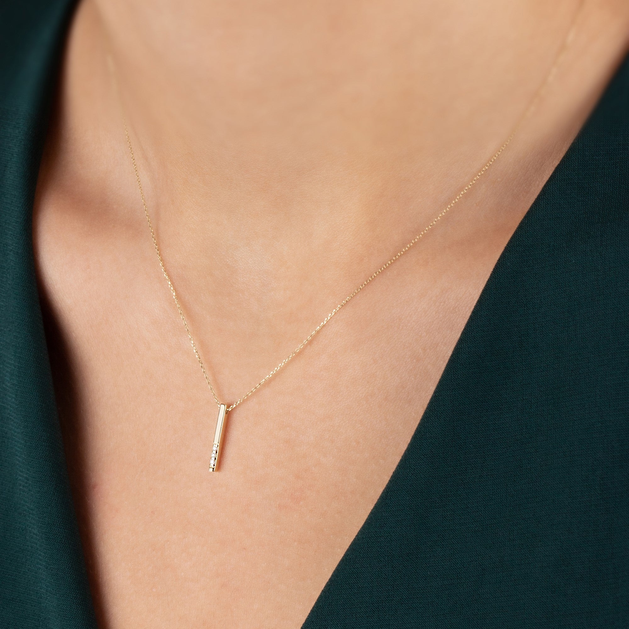 Vertical Bar Necklace with Real Diamonds | 14K Solid Gold Pendant Queen Jewelry Necklace