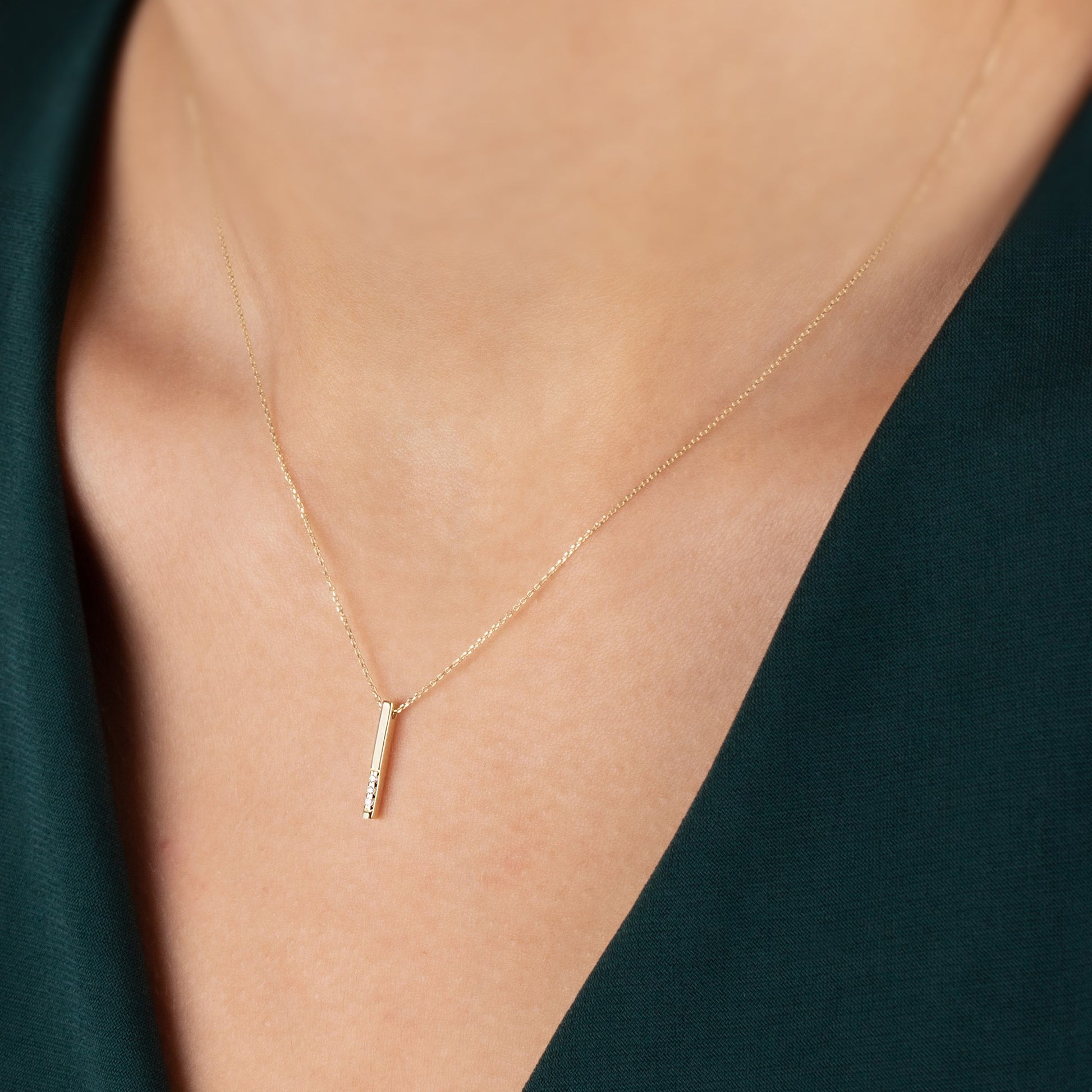 Vertical Bar Necklace with Real Diamonds | 14K Solid Gold Pendant Queen Jewelry Necklace