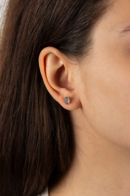 Aquamarine Rectangle Stud Earring in 10K/14K Solid Gold, March Birthstone
