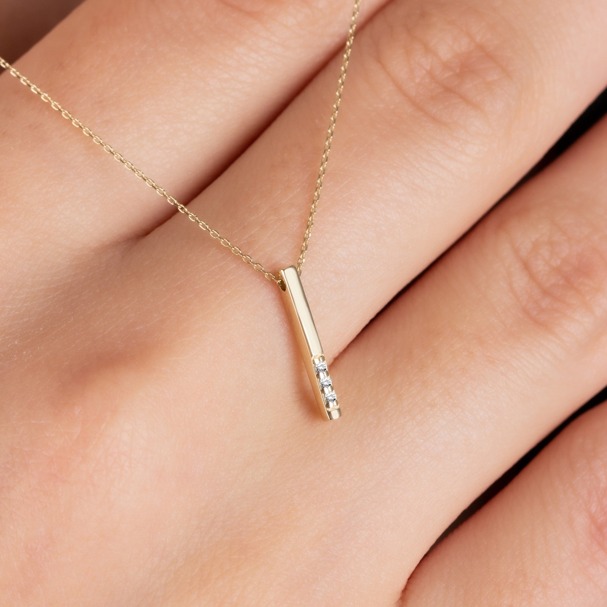 Vertical Bar Necklace with Real Diamonds | 14K Solid Gold Pendant Queen Jewelry Necklace