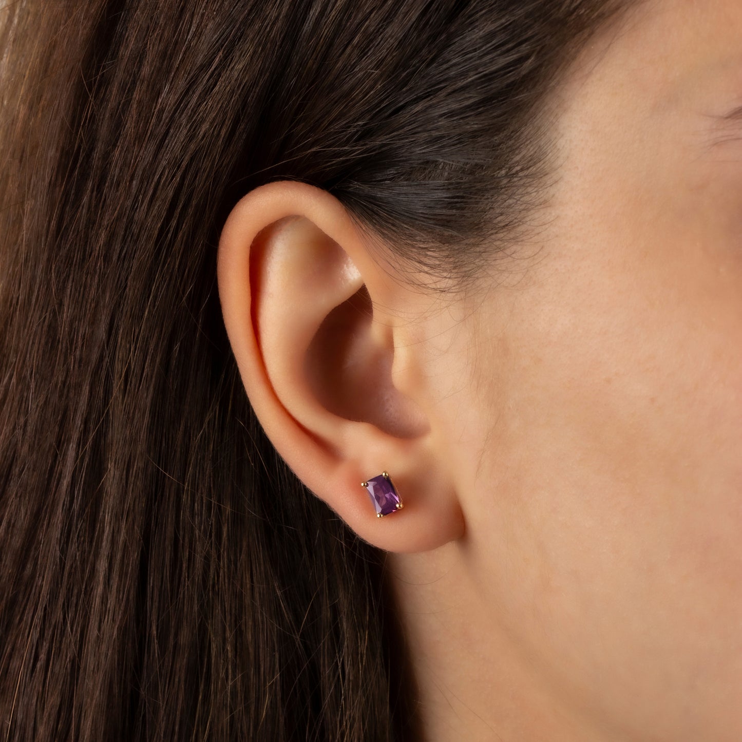 Amethyst Rectangle Stud Earring in 10K/14K Solid Gold, February Birthstone