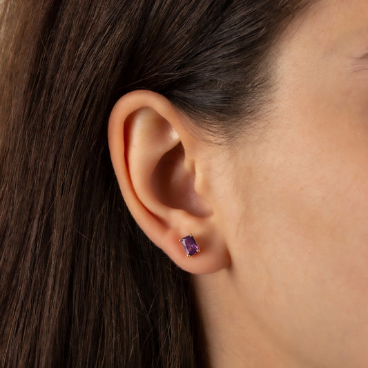 Amethyst Rectangle Stud Earring in 10K/14K Solid Gold, February Birthstone