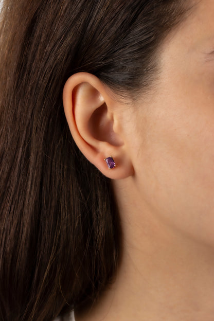 Amethyst Rectangle Stud Earring in 10K/14K Solid Gold, February Birthstone