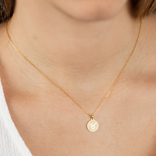 Taurus Zodiac Sign 14K Solid Gold Necklace, Minimalist Horoscope Symbol Pendant Queen Jewelry Necklace