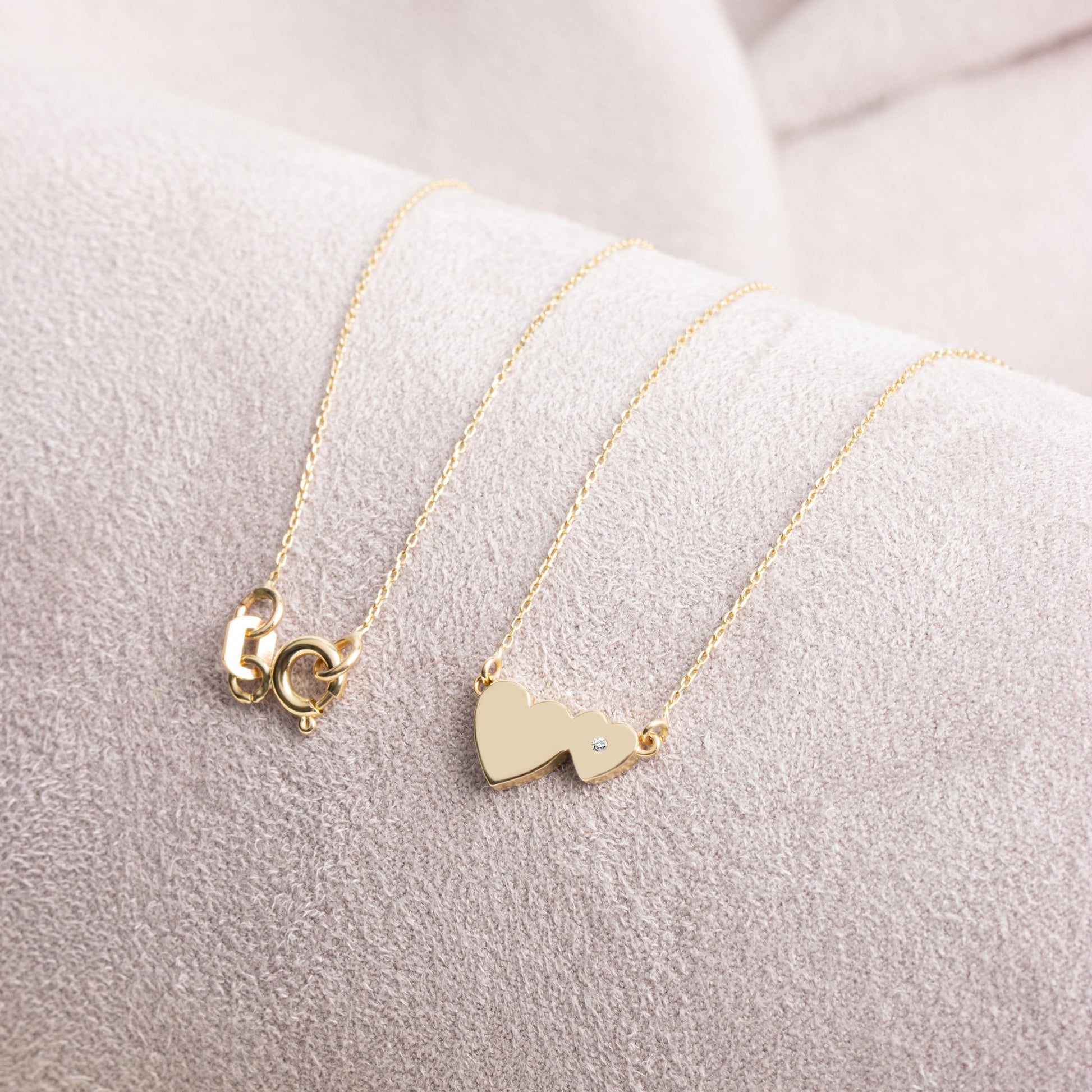 Double Heart Necklace with Real Diamond | 14K Solid Gold Queen Jewelry Necklace