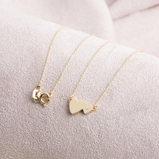 Double Heart Necklace with Real Diamond | 14K Solid Gold Queen Jewelry Necklace