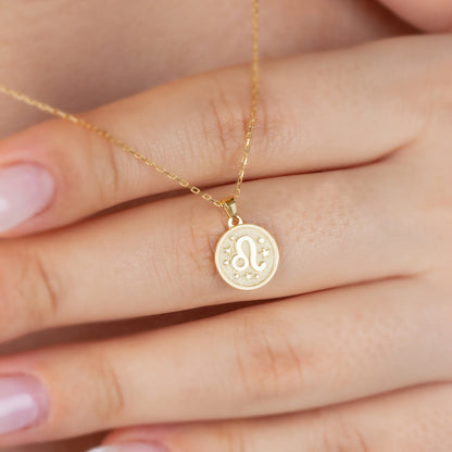 Leo Zodiac Sign 14K Solid Gold Necklace, Minimalist Horoscope Symbol Pendant Queen Jewelry Necklace