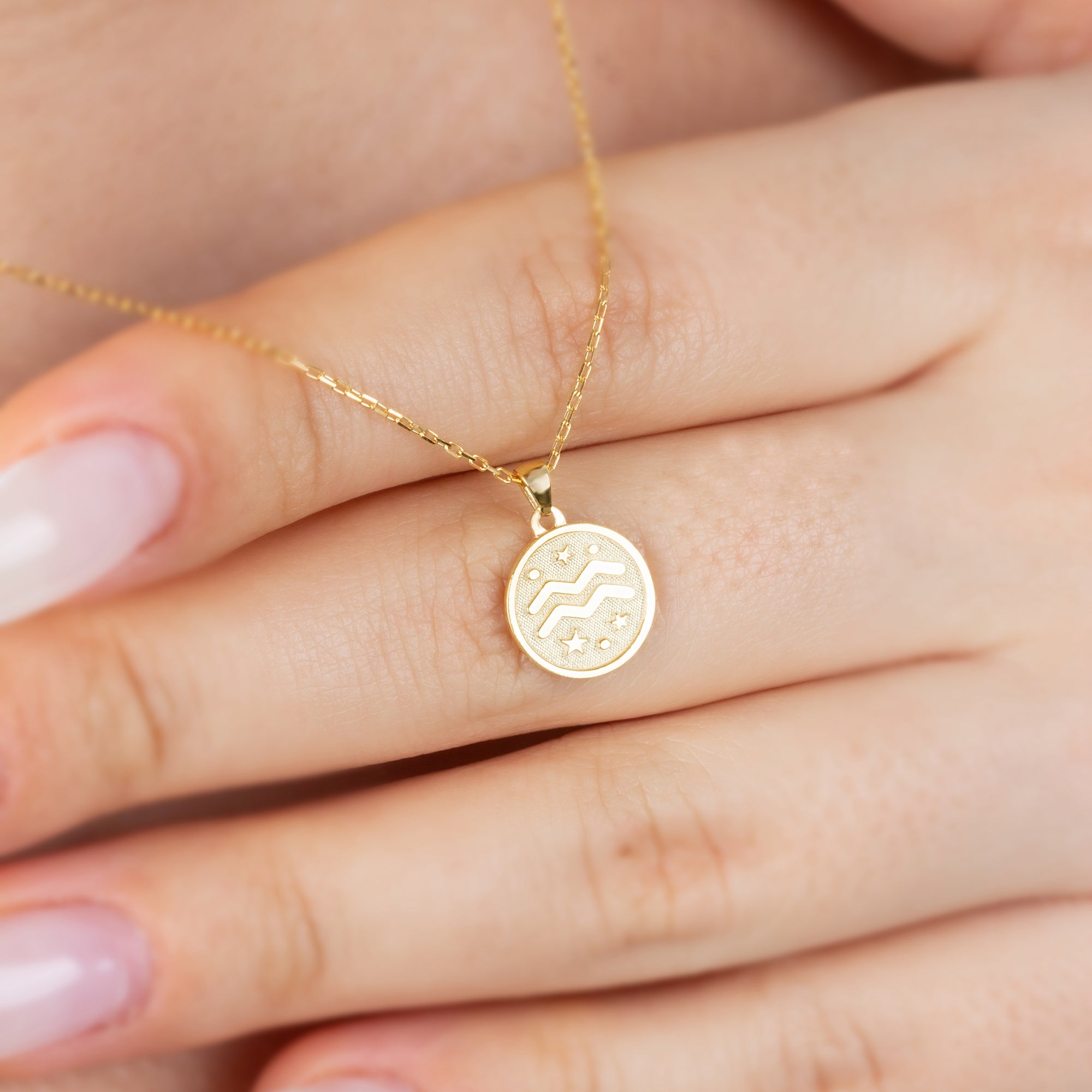 Aquarius Zodiac Sign 14K Solid Gold Necklace, Minimalist Horoscope Symbol Pendant Queen Jewelry Necklace