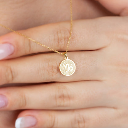 Capricorn Zodiac Sign 14K Solid Gold Necklace, Minimalist Horoscope Symbol Pendant Queen Jewelry Necklace
