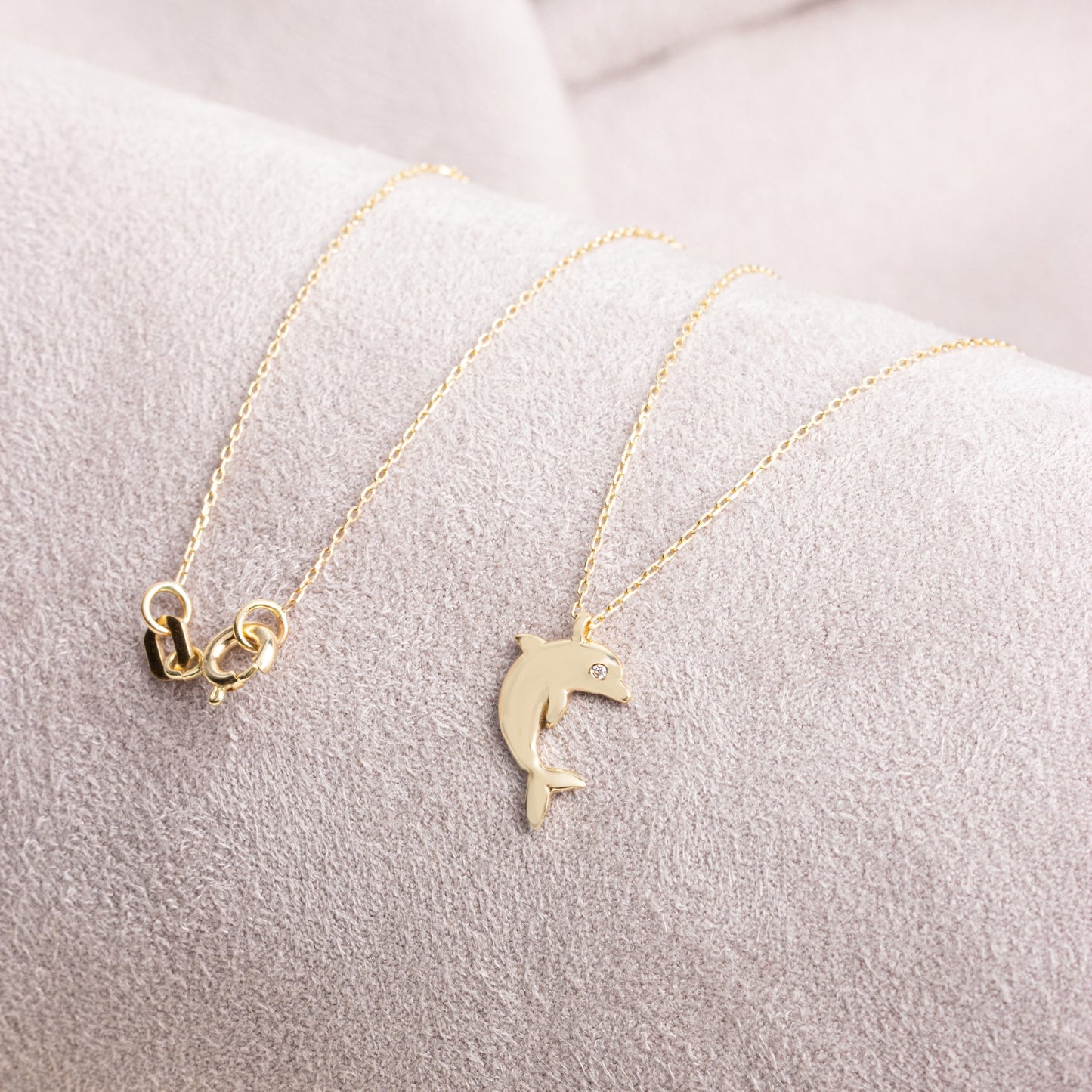 Dolphin Necklace with Real Diamond | 14K Solid Gold Queen Jewelry Necklace