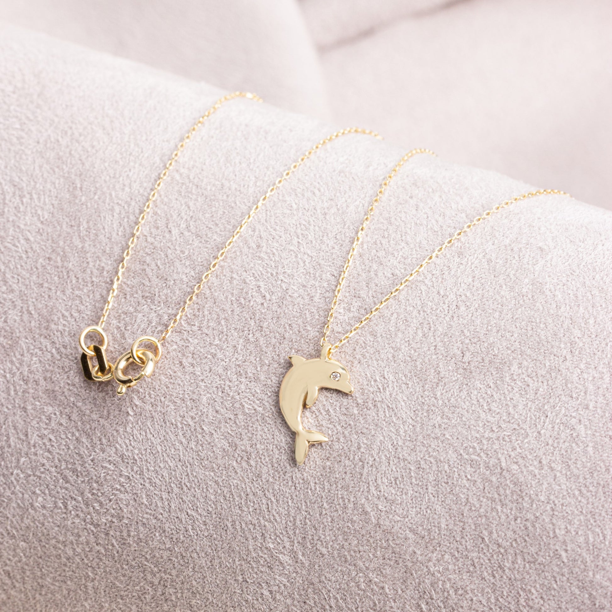 Dolphin Necklace with Real Diamond | 14K Solid Gold Queen Jewelry Necklace