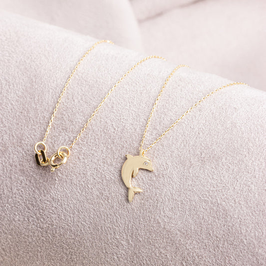 Dolphin Necklace with Real Diamond | 14K Solid Gold Queen Jewelry Necklace