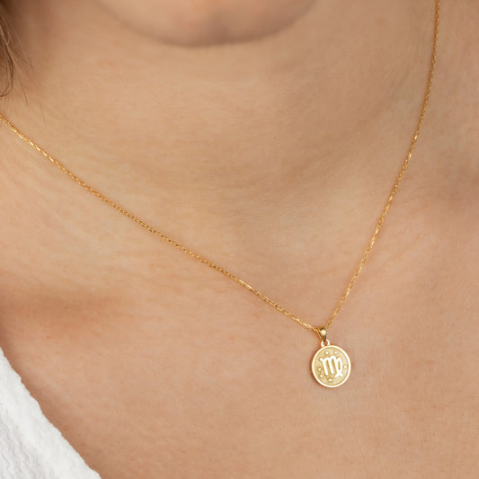 Virgo Zodiac Sign 14K Solid Gold Necklace, Minimalist Horoscope Symbol Pendant Queen Jewelry Necklace