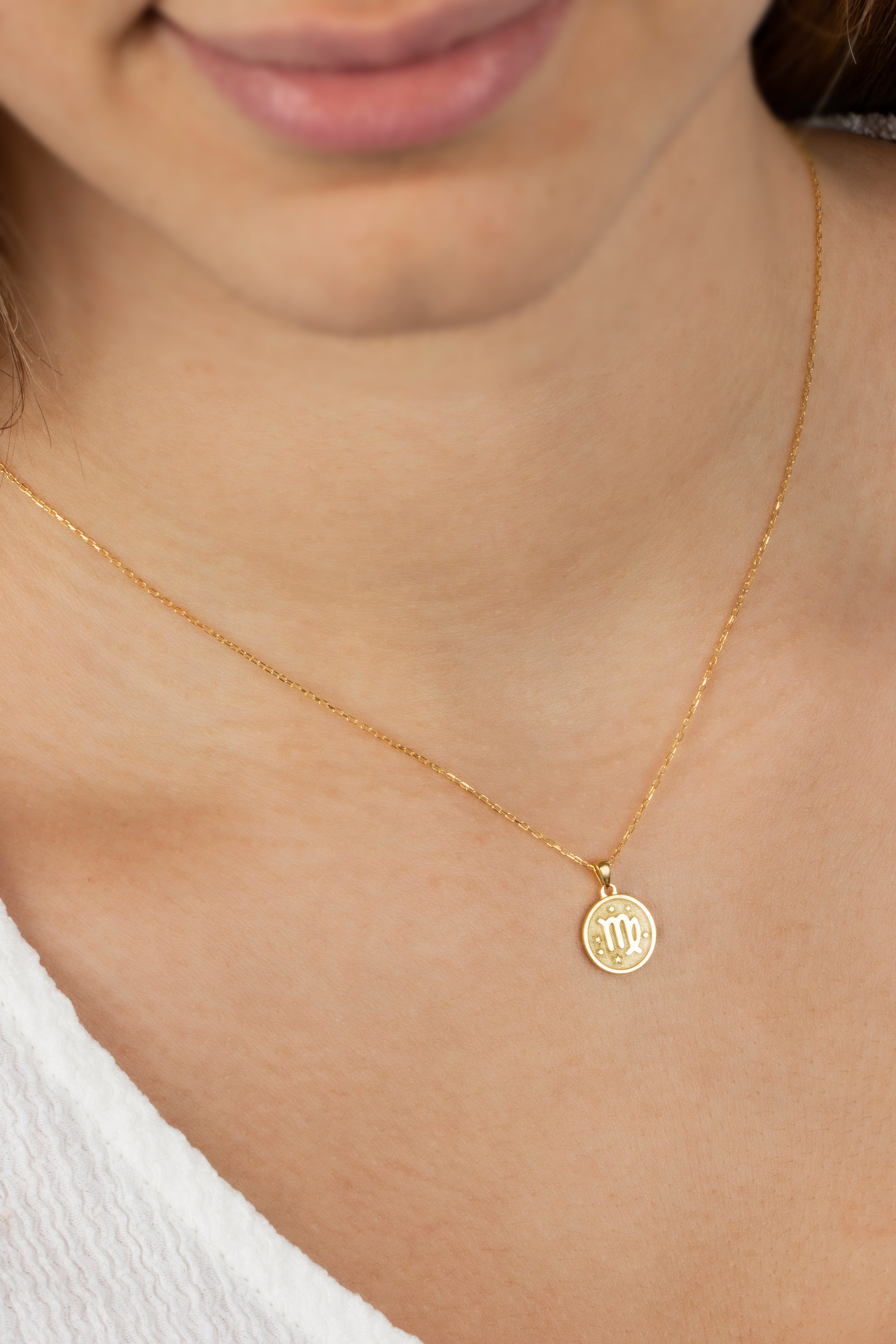 Virgo Zodiac Sign 14K Solid Gold Necklace, Minimalist Horoscope Symbol Pendant Queen Jewelry Necklace