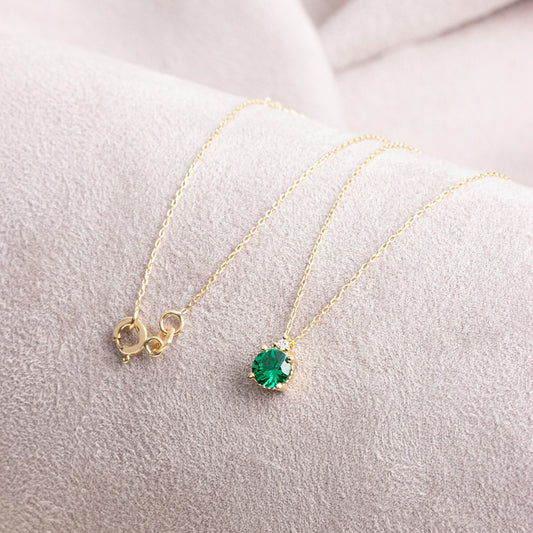 Emerald Round Necklace with Real Diamond | 14K Solid Gold Queen Jewelry Necklace
