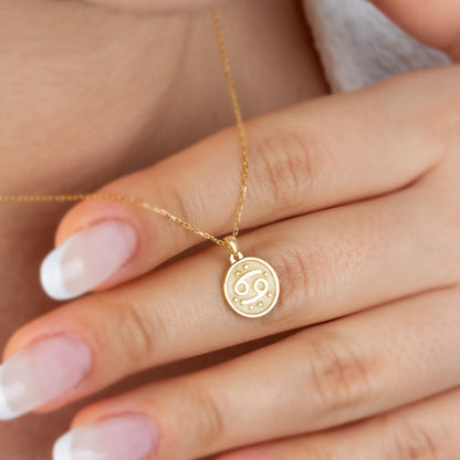 Cancer Zodiac Sign 14K Solid Gold Necklace, Minimalist Horoscope Symbol Pendant Queen Jewelry Necklace
