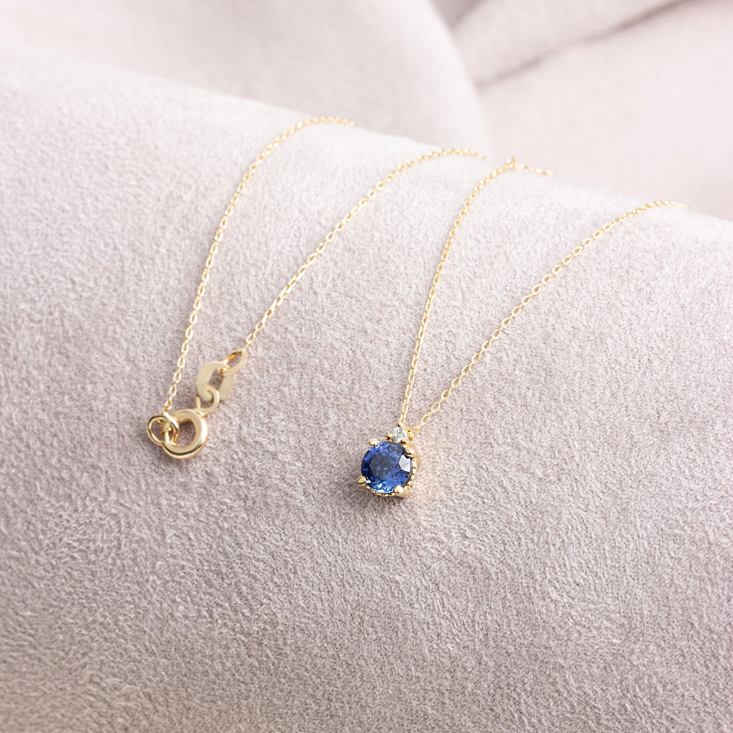 Round Sapphire Necklace with Real Diamond | 14K Solid Gold Queen Jewelry Necklace