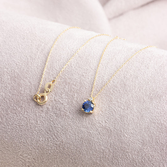Round Sapphire Necklace with Real Diamond | 14K Solid Gold Queen Jewelry Necklace
