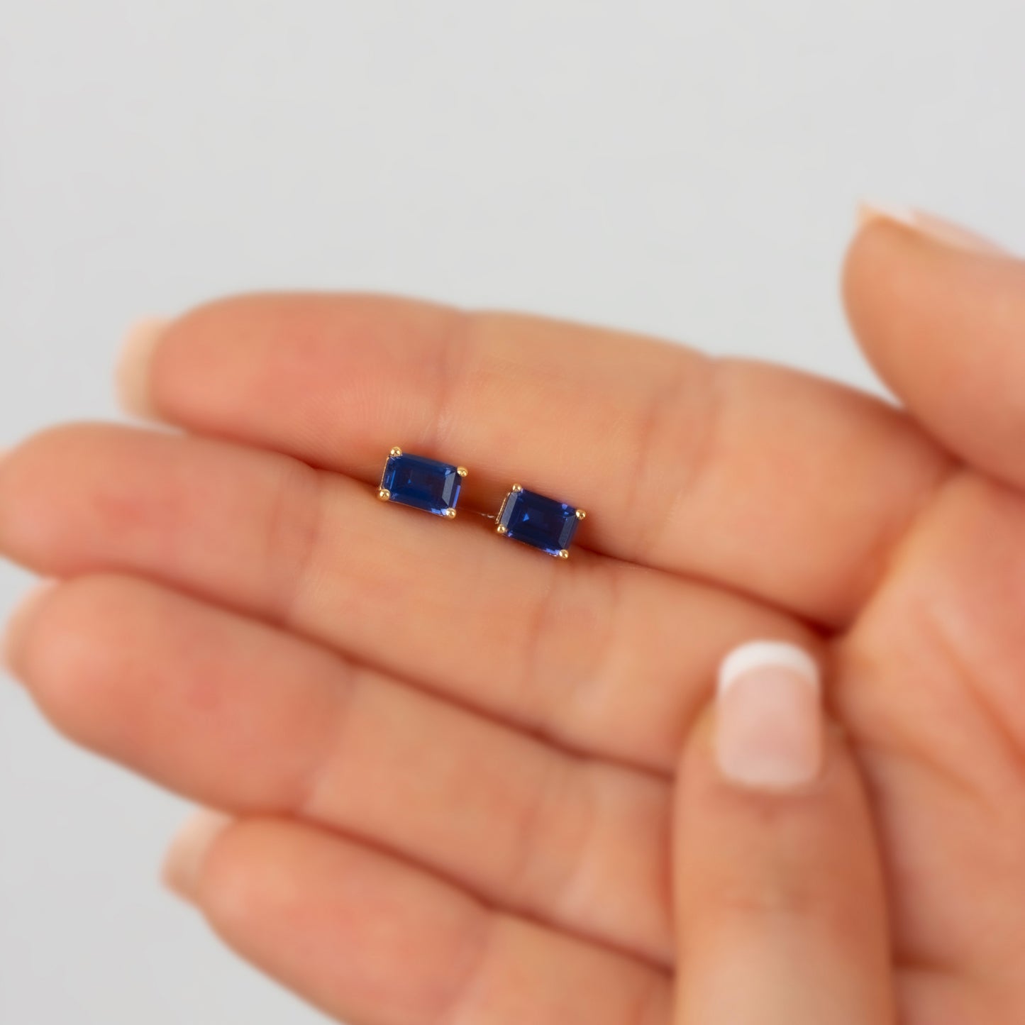 Sapphire Rectangle Stud Earring in 10K/14K Solid Gold, September Birthstone