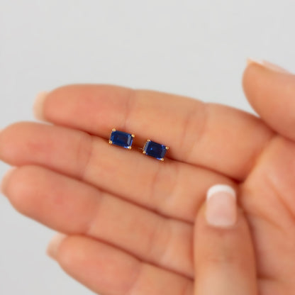 Sapphire Rectangle Stud Earring in 10K/14K Solid Gold, September Birthstone