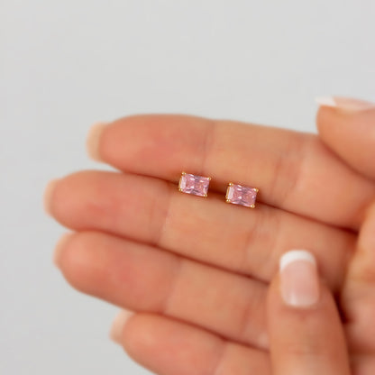 Pink Tourmailine Rectangle Stud Earring in 10K/14K Solid Gold, October Birthstone