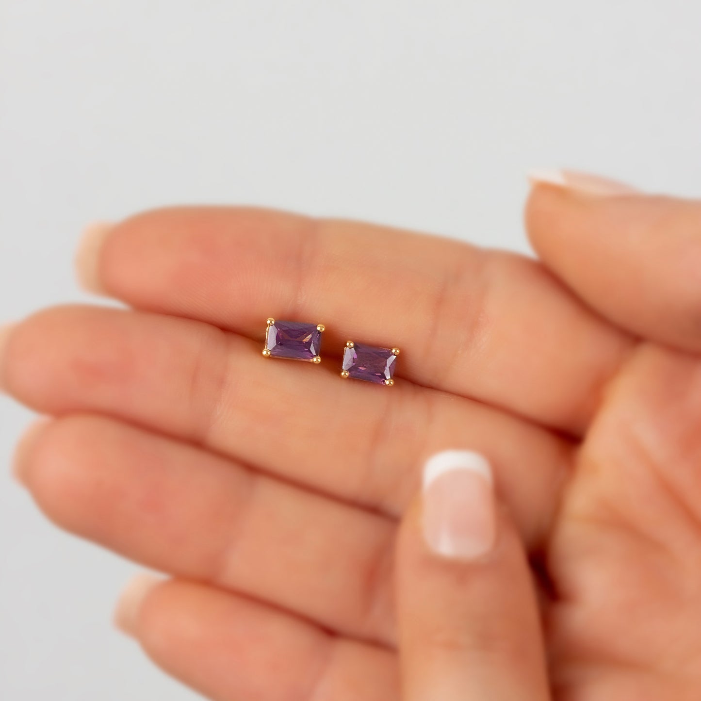 Amethyst Rectangle Stud Earring in 10K/14K Solid Gold, February Birthstone