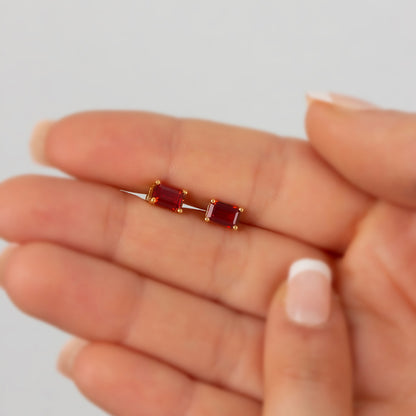 Garnet Rectangle Stud Earring in 10K/14K Solid Gold, January Birthstone