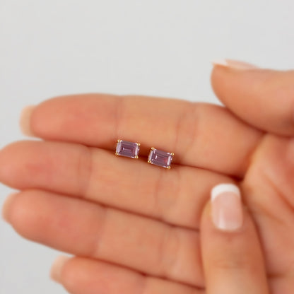 Alexandrite Rectangle Stud Earring in 10K/14K Solid Gold, June Birthstone