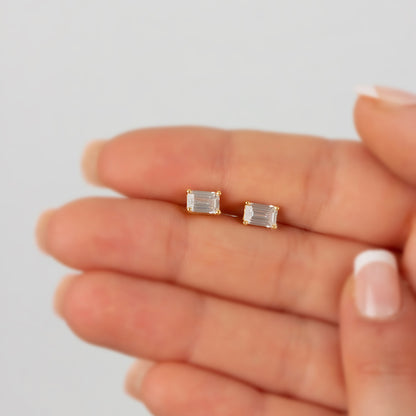 White Topaz Rectangle Stud Earring in 10K/14K Solid Gold, April Birthstone