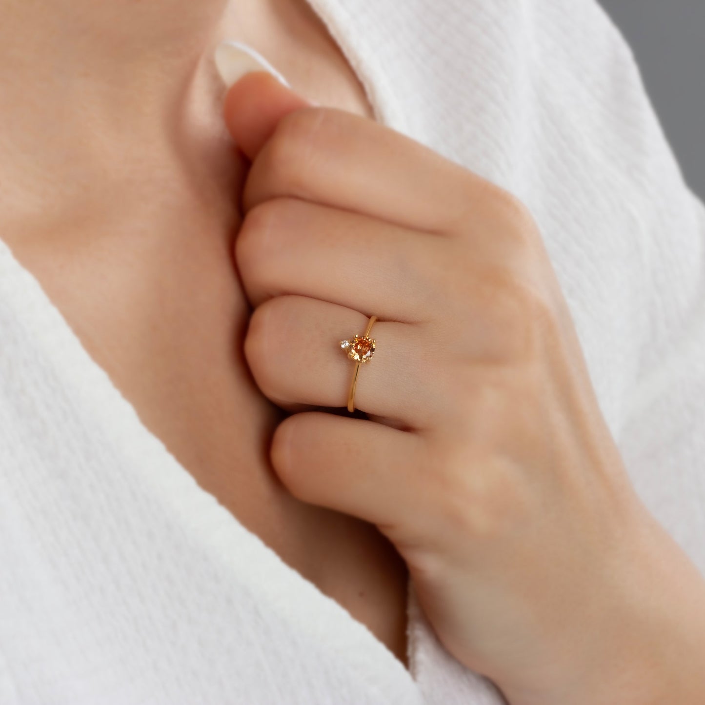 Round Citrine Ring in 14K Solid Gold with Single Stone Real Diamond, November Birthstone Jewelry