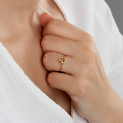 Round Citrine Ring in 14K Solid Gold with Single Stone Real Diamond, November Birthstone Jewelry