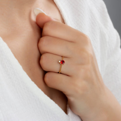 Round Garnet Ring in 14K Solid Gold with Single Stone Real Diamond, January Birthstone Jewelry