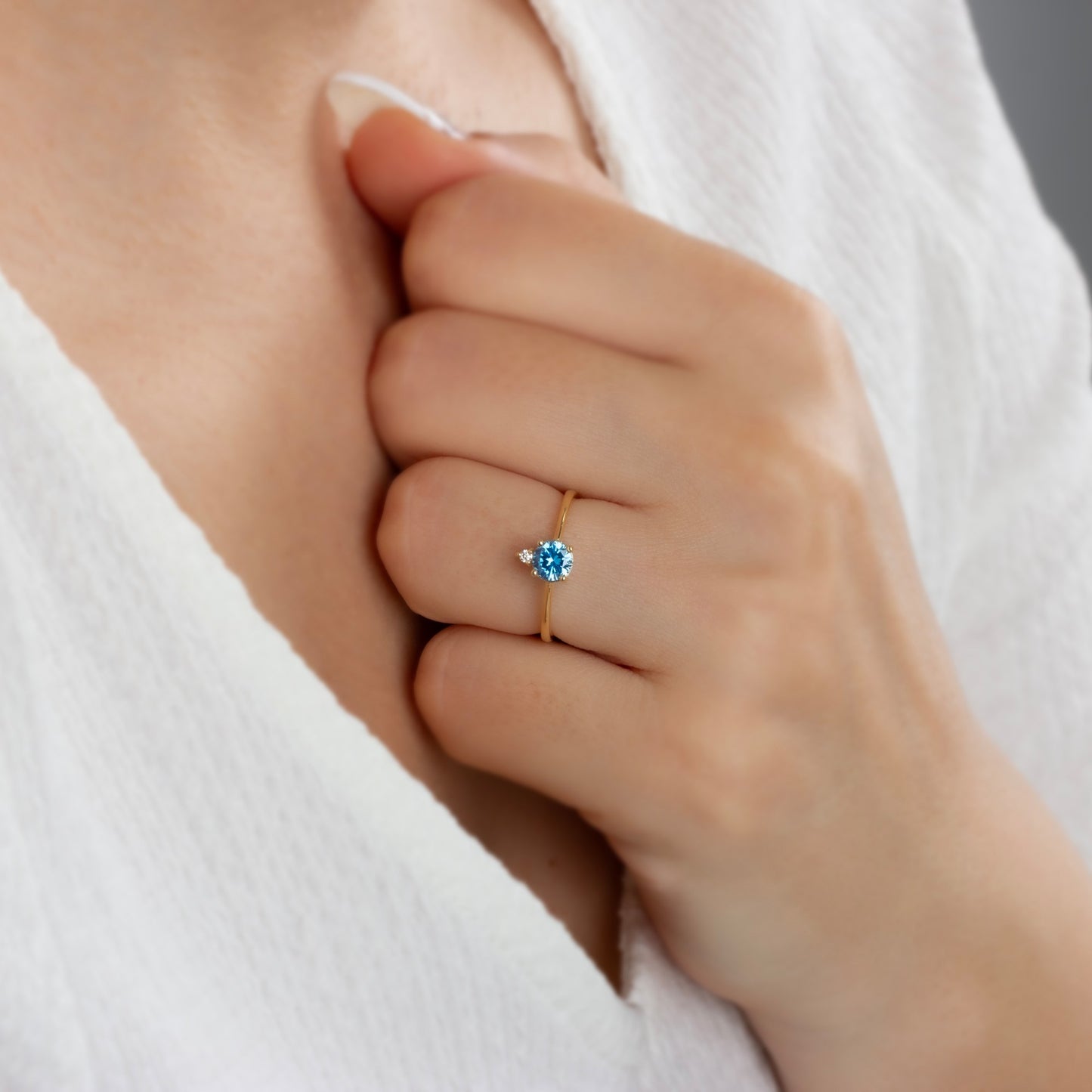 Round Blue Topaz Ring in 14K Solid Gold with Single Stone Real Diamond, December Birthstone Jewelry