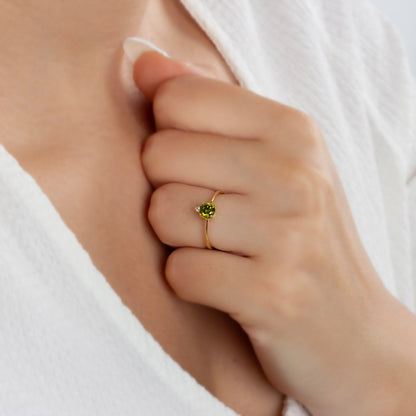 Round Peridot Ring in 14K Solid Gold with Single Stone Real Diamond, August Birthstone Jewelry