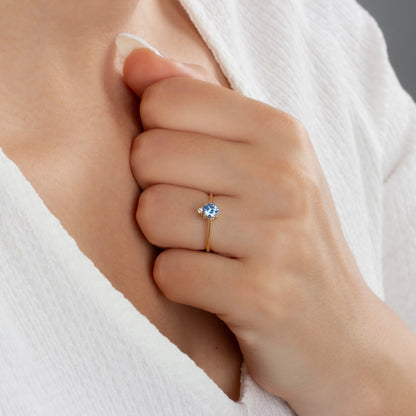 Round Aquamarine Ring in 14K Solid Gold with Single Stone Real Diamond, March Birthstone Jewelry