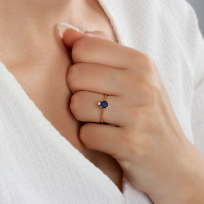 Round Sapphire Ring in 14K Solid Gold with Single Stone Real Diamond, September Birthstone Jewelry