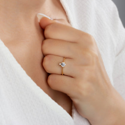 Round White Topaz Ring in 14K Solid Gold with Single Stone Real Diamond, April Birthstone Jewelry