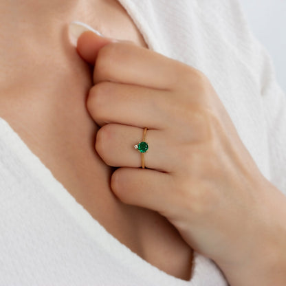 Round Emerald Ring in 10K/14K Solid Gold with Single Stone Real Diamond, May Birthstone Jewelry