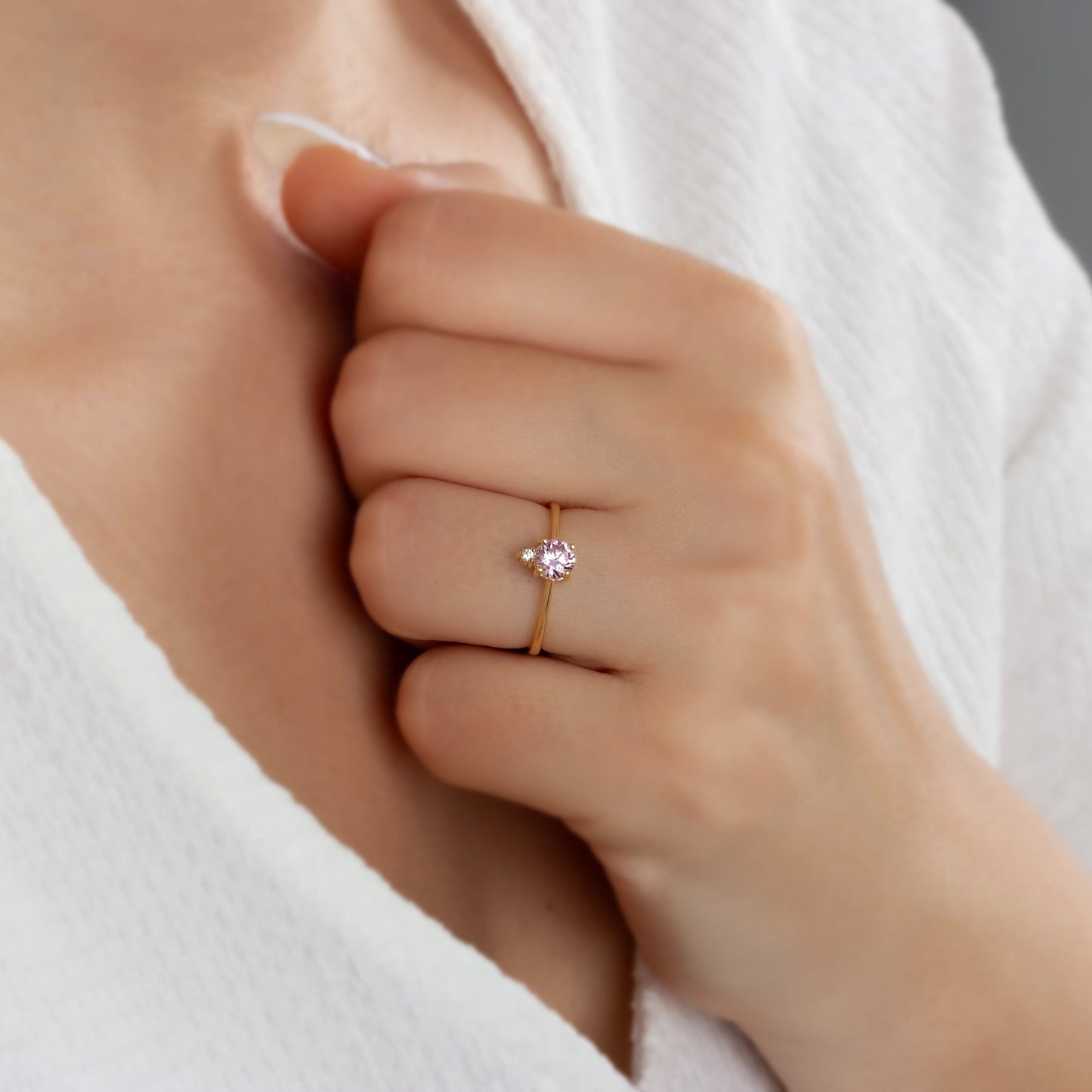 Round Pink Tourmaline Ring in 14K Solid Gold with Single Stone Real Diamond, October Birthstone Jewelry