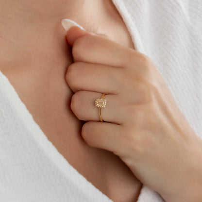 Citrine Rectangle Ring with Real Diamonds, 14K Solid Gold