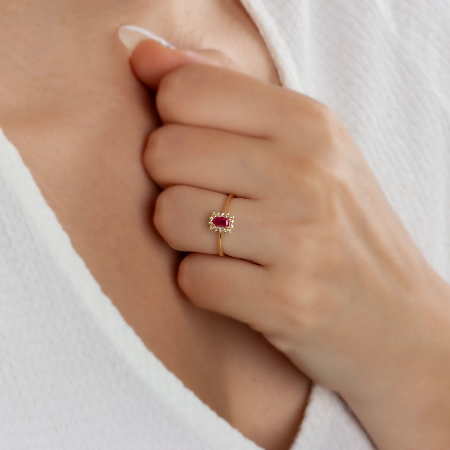 Ruby Rectangle Ring with Real Diamonds, 14K Solid Gold