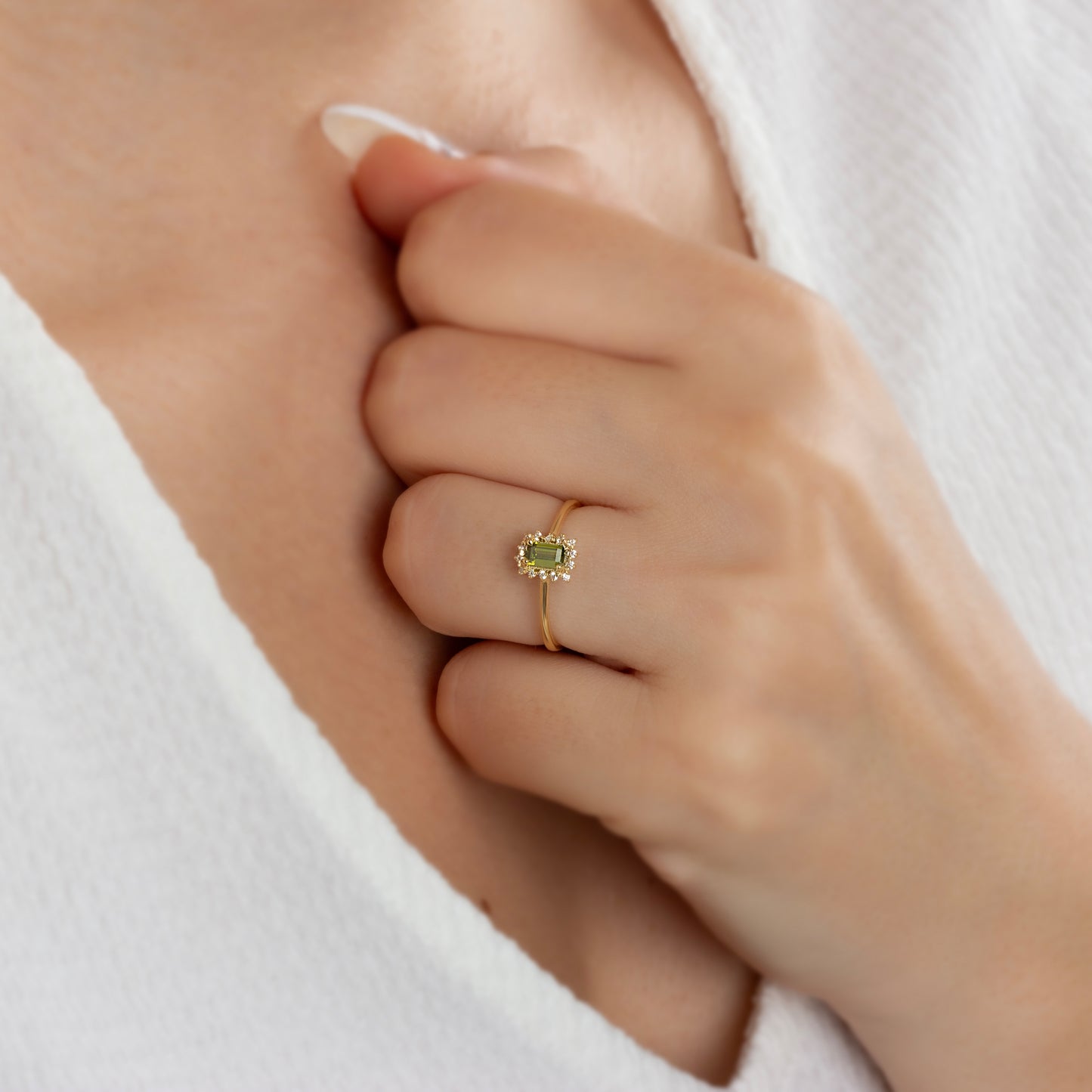 Peridot Rectangle Ring with Real Diamonds, 14K Solid Gold