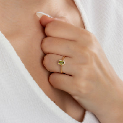 Peridot Rectangle Ring with Real Diamonds, 14K Solid Gold